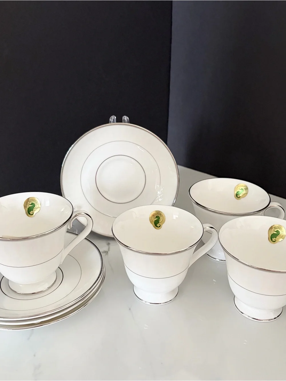 SET of 4 Lismore Platinum Cup & Saucers by Waterford